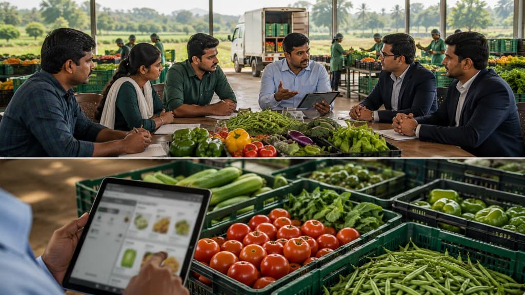 Buyer procurement meeting with fresh produce and digital registration above, and marketplace catalog selection on tablet below.
