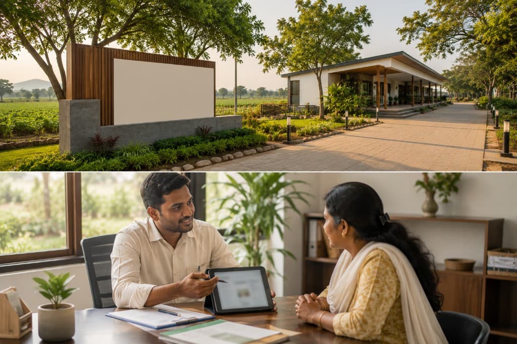 Project Chittoor visitor center entrance with landscaped pathway above, and visitor consultation with digital tablet demonstration below.