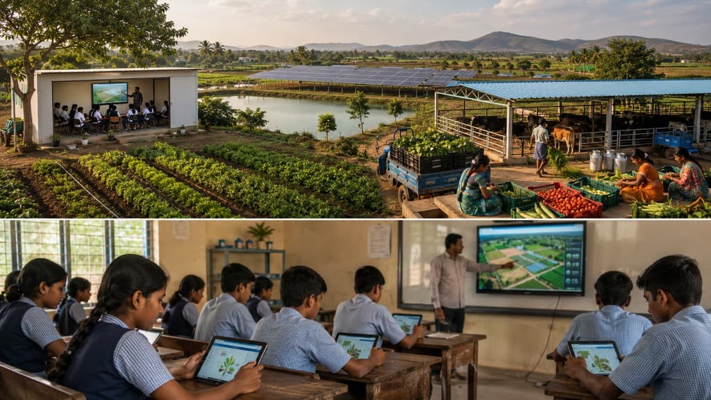 Integrated farm operations with crops, livestock, solar structures, and on-site agricultural training above, and a rural classroom with digital agriculture education below.