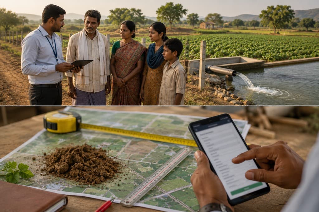 Farmer registration consultation with family and field officer by an irrigation pond above, and land survey map with soil sample and mobile registration below.