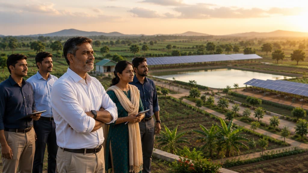 Atria Group initiative — leadership overlooking solar arrays and farmland at golden hour.
