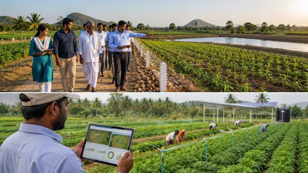 Project team visiting the farm for field inspection and planning above, and digital farm monitoring with tablet dashboard and precision agriculture below.