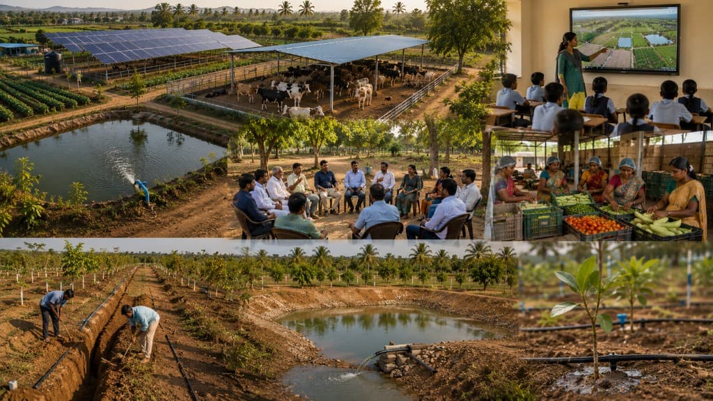 Integrated crop and livestock farming with solar infrastructure and irrigation ponds.