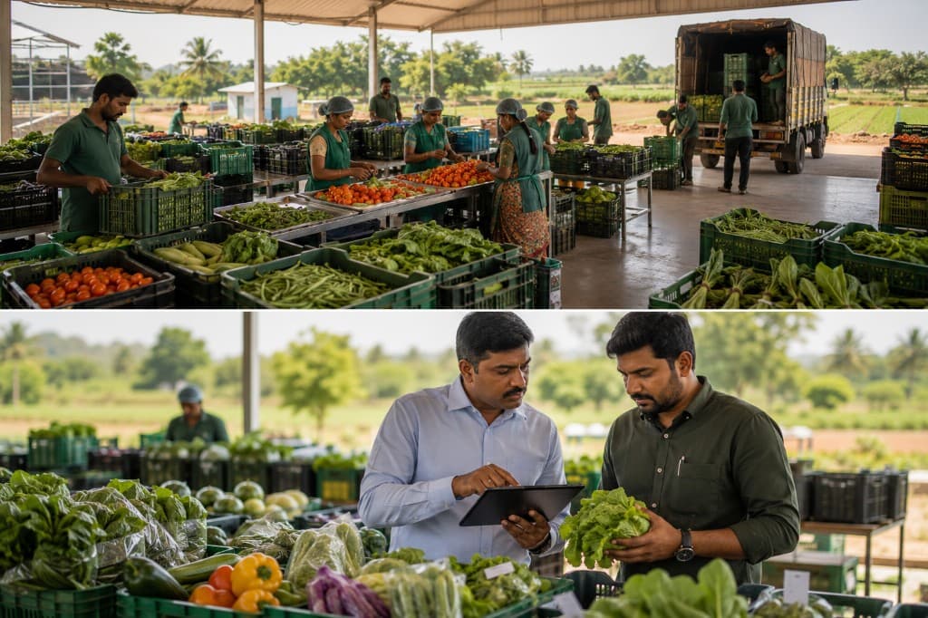 Produce sorting, truck loading, and quality inspection with digital marketplace verification.