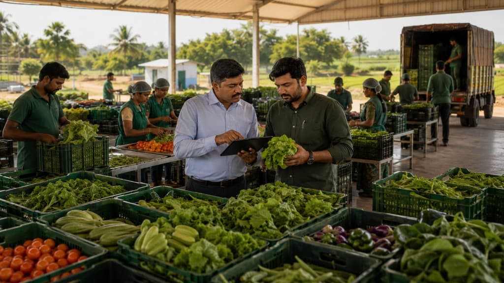 Produce aggregation and quality checking at a rural sourcing hub.