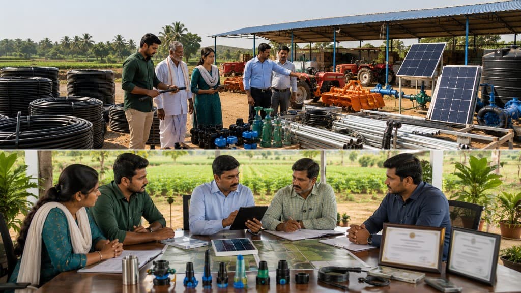 Supplier equipment display with irrigation pipes, pumps, and solar infrastructure above, and supplier registration meeting with digital onboarding below.