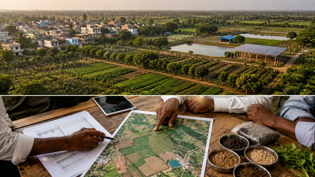 Integrated farm landscape with solar arrays and reservoirs above, and a land planning meeting with maps and soil samples below.
