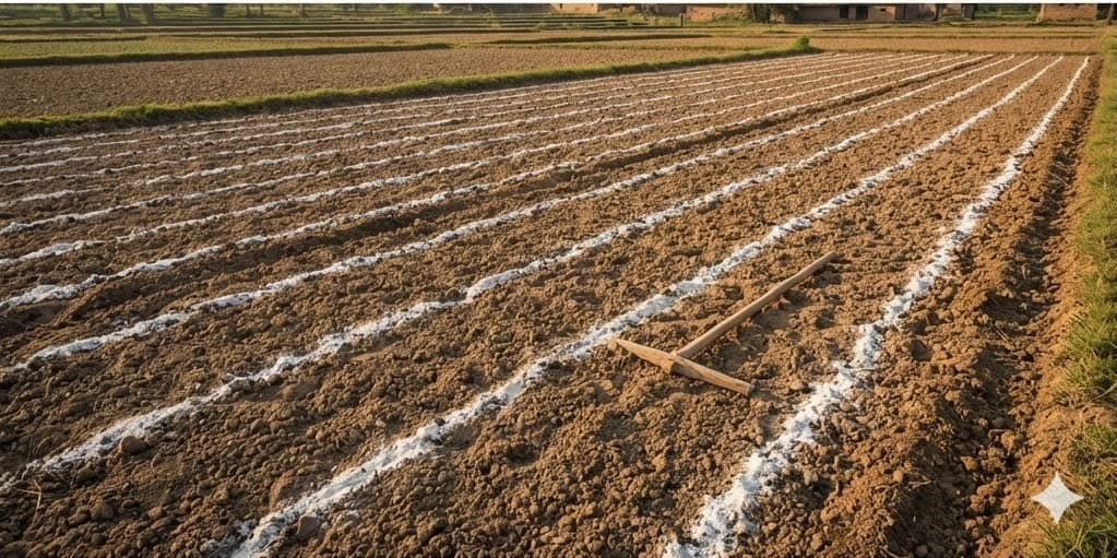 Integrated sustainable agricultural hub with organized farm plots and renewable energy systems.