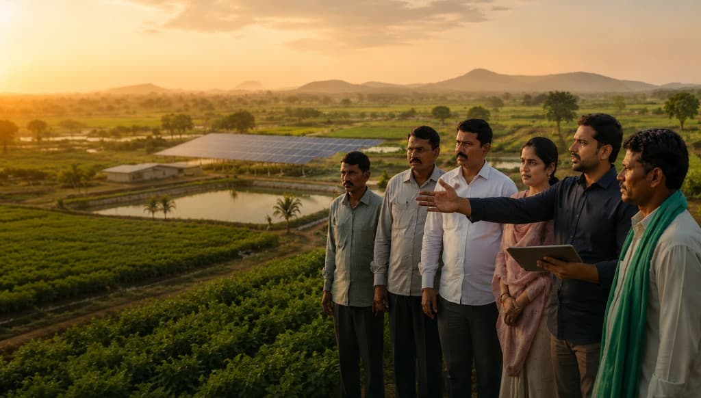 Community leaders overlooking integrated farmland with solar arrays and water reservoirs at golden hour.