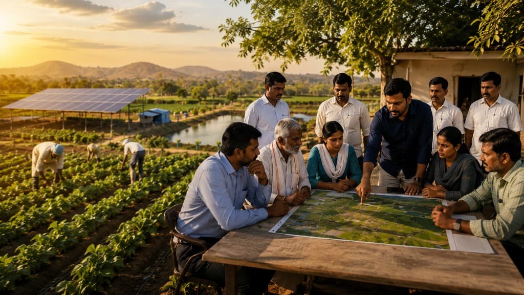Stakeholders reviewing a land map at an outdoor planning table with solar arrays, crops, and water reservoirs in the background.