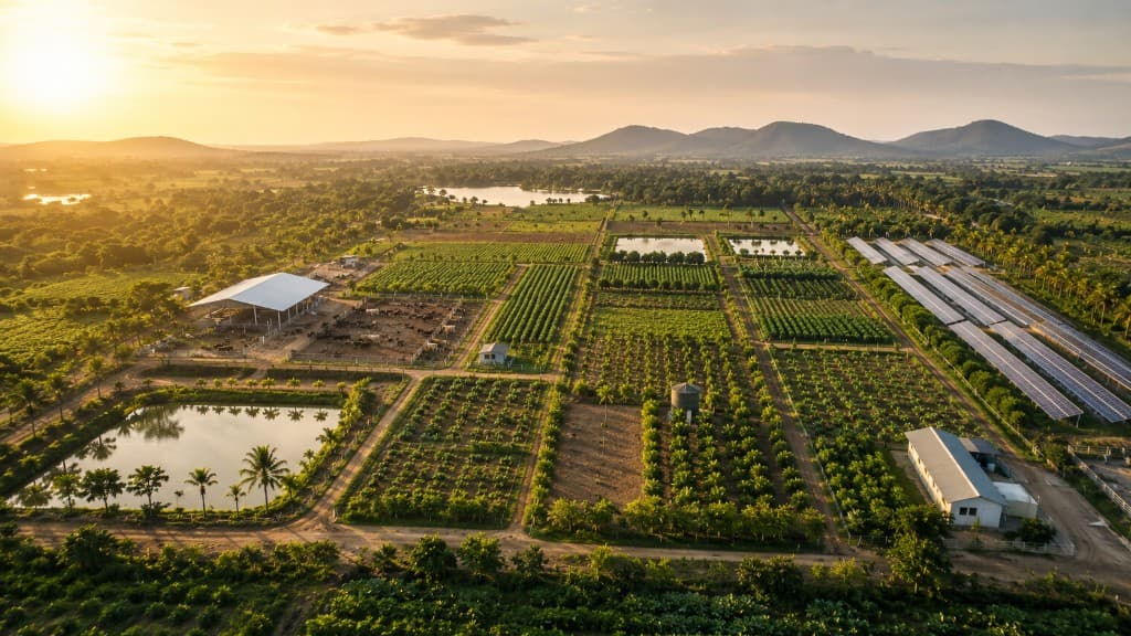 Aerial view of an integrated agricultural estate with crop blocks, water reservoirs, solar arrays, and farm infrastructure at golden hour.
