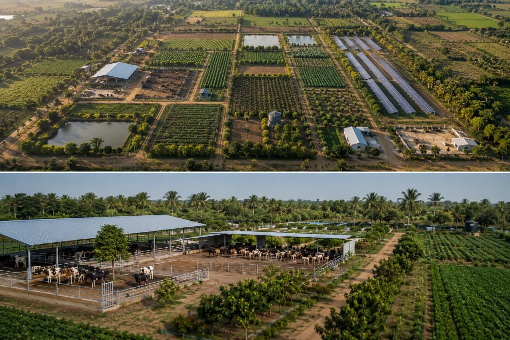 Integrated 30-acre block with crops, tree belts, livestock, water and agrivoltaic rows.