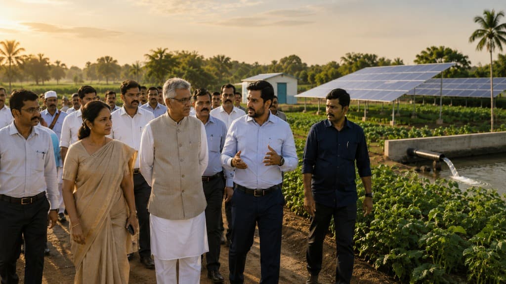 Institutional partners touring solar-powered farmland with irrigation infrastructure during a site visit.