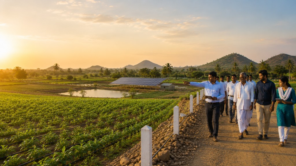 Field teams using digital tools alongside crops and agrivoltaic infrastructure.